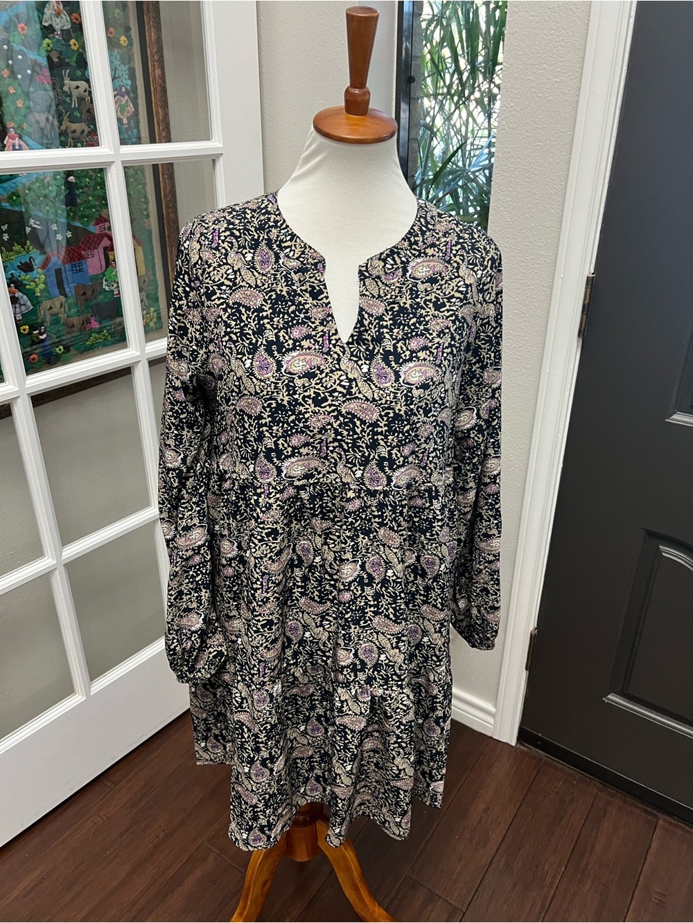 Cotton Bleu Black Paisley Long Sleeve Babydoll Dress Small